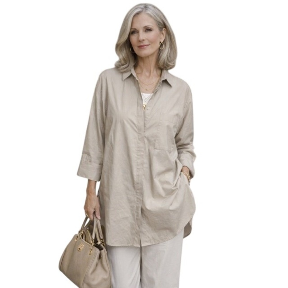 ANNETTE GORTZ  Long Tunic Shirt Beige Cotton 42 US 12 Quite Luxury Old Money
